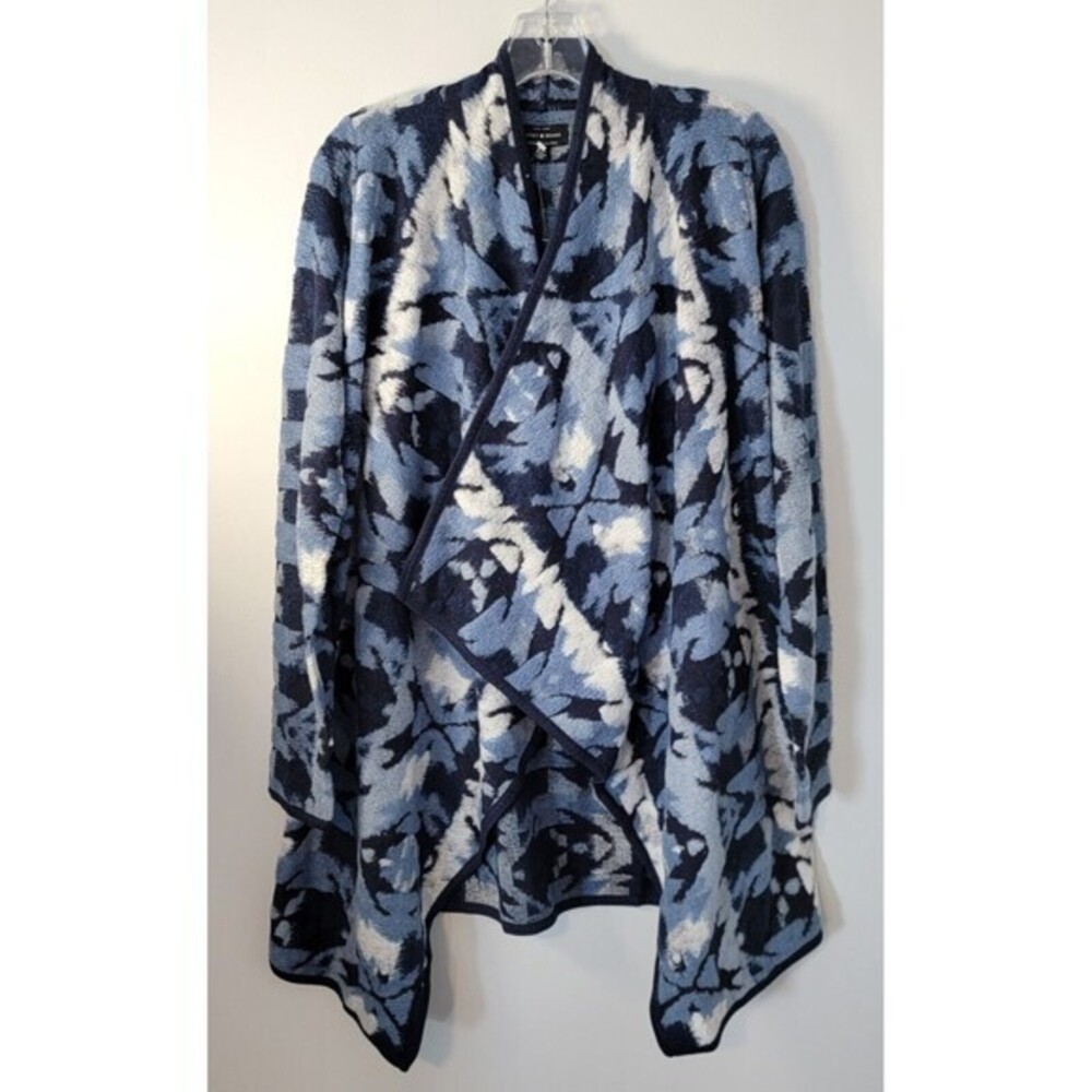 Lucky Brand Cardigan Woman's L XL Blue Geo Drape Open Front Sweater
